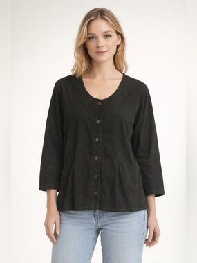 FLAX Vintage 100% Cotton Corduroy Button‑Front Top Black Women’s Small